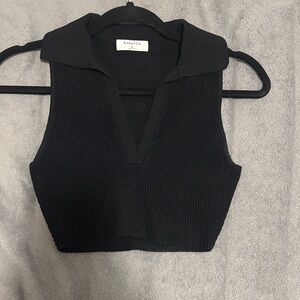 Babaton Black Ribbed Crop Polo Top